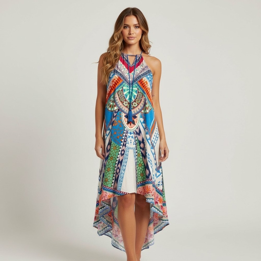 Flying Tomato Women Small Boho Geometric Midi Handkerchief Hem Dress